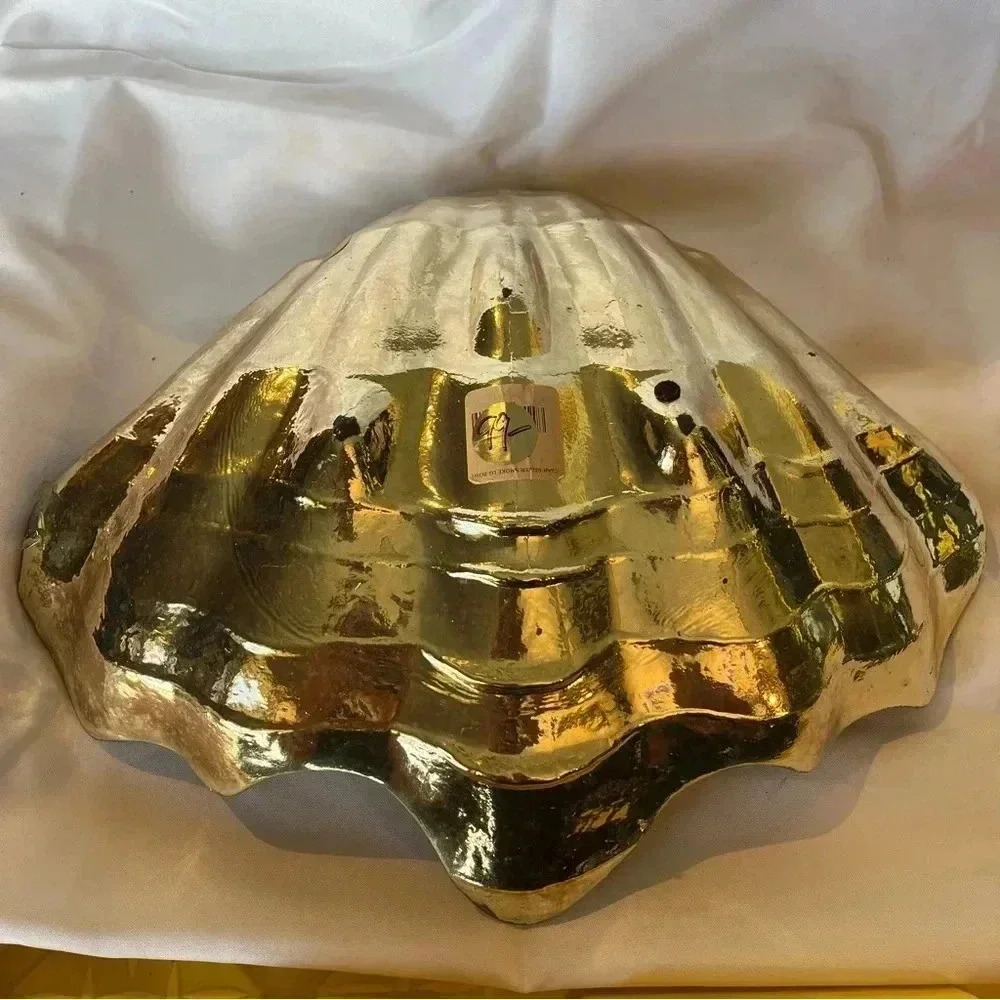 Gorgeous Handmade Gold Foiled Glass Decorative Halfshell Clam Dish Large - Picture 4 of 7
